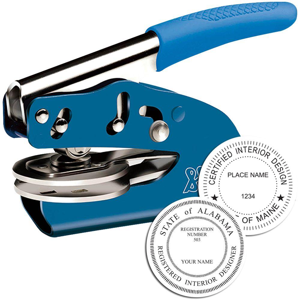 Blue handheld embossing seal press with custom interior designer certification and registration stamp seals