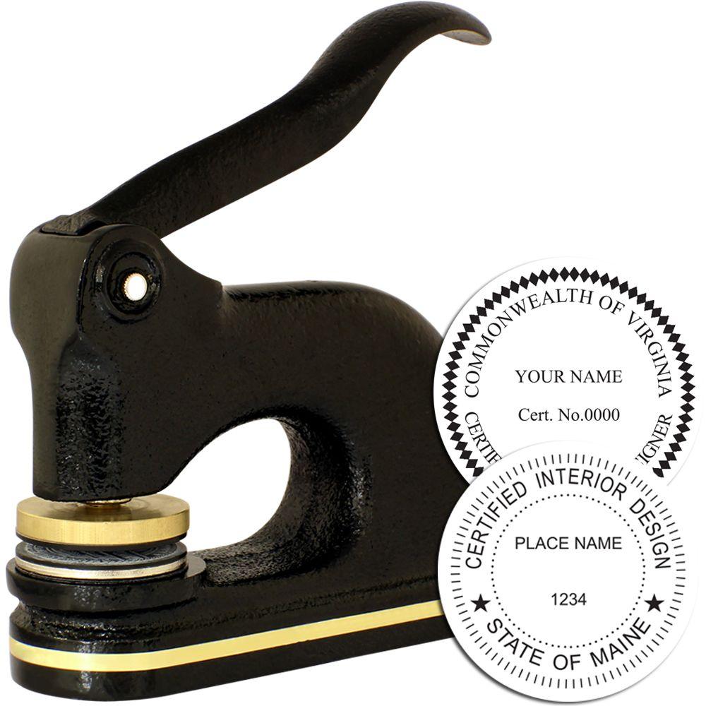 Custom embosser seal press for certified notary and interior design documents, black metal with personalized round seals.