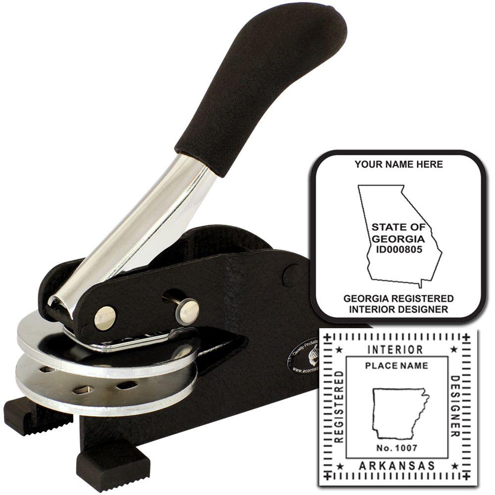 Custom embossing seal embosser for registered interior designers with Georgia and Arkansas state stamp examples.