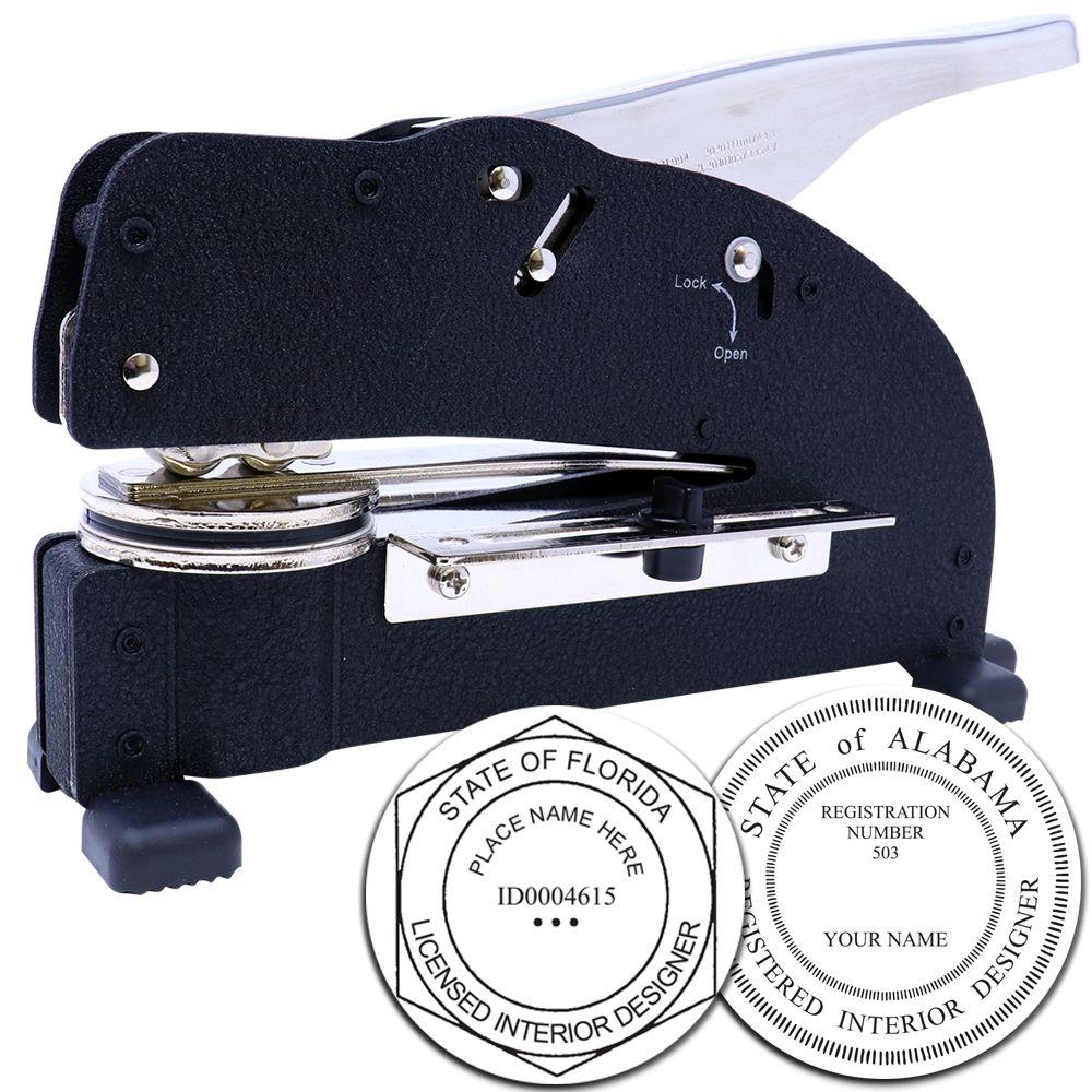 Custom registered interior designer embosser stamp with Florida and Alabama seal examples.