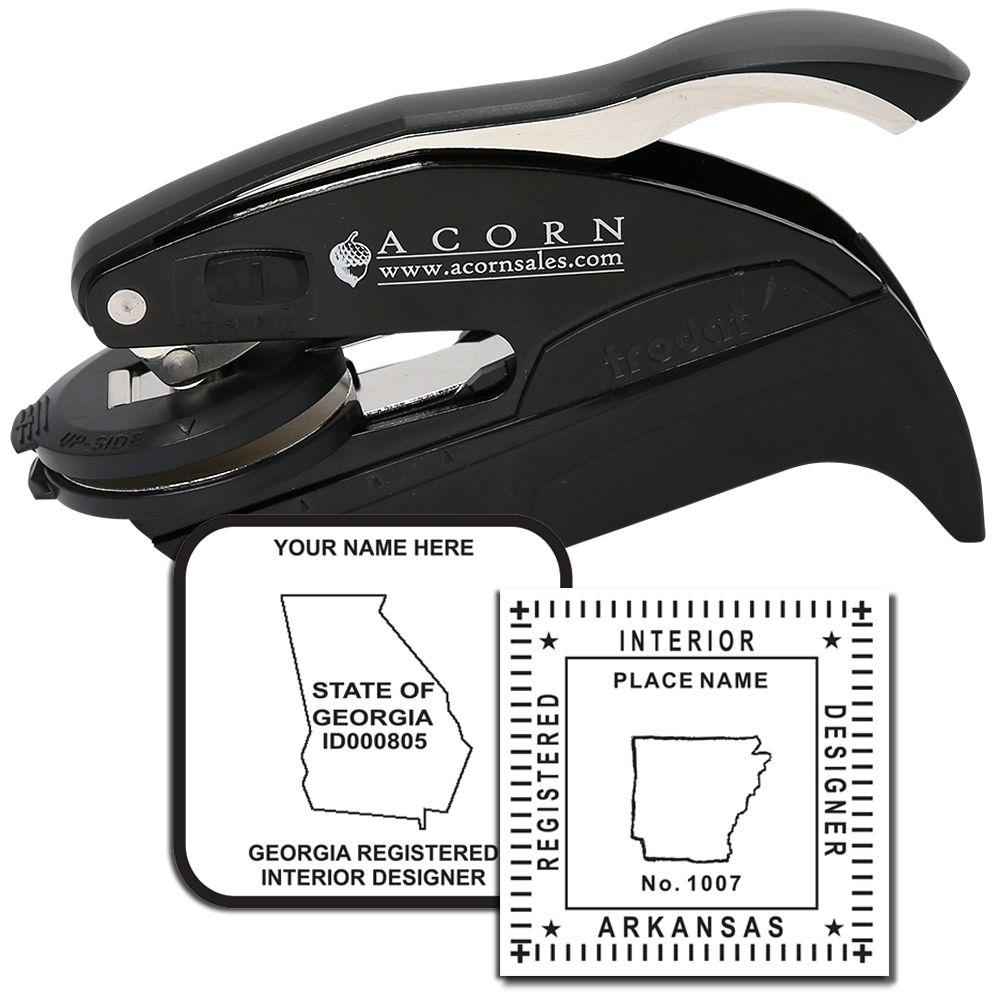 Black custom embossing seal press with sample Georgia and Arkansas registered interior designer stamps, ideal for professional document embossing.