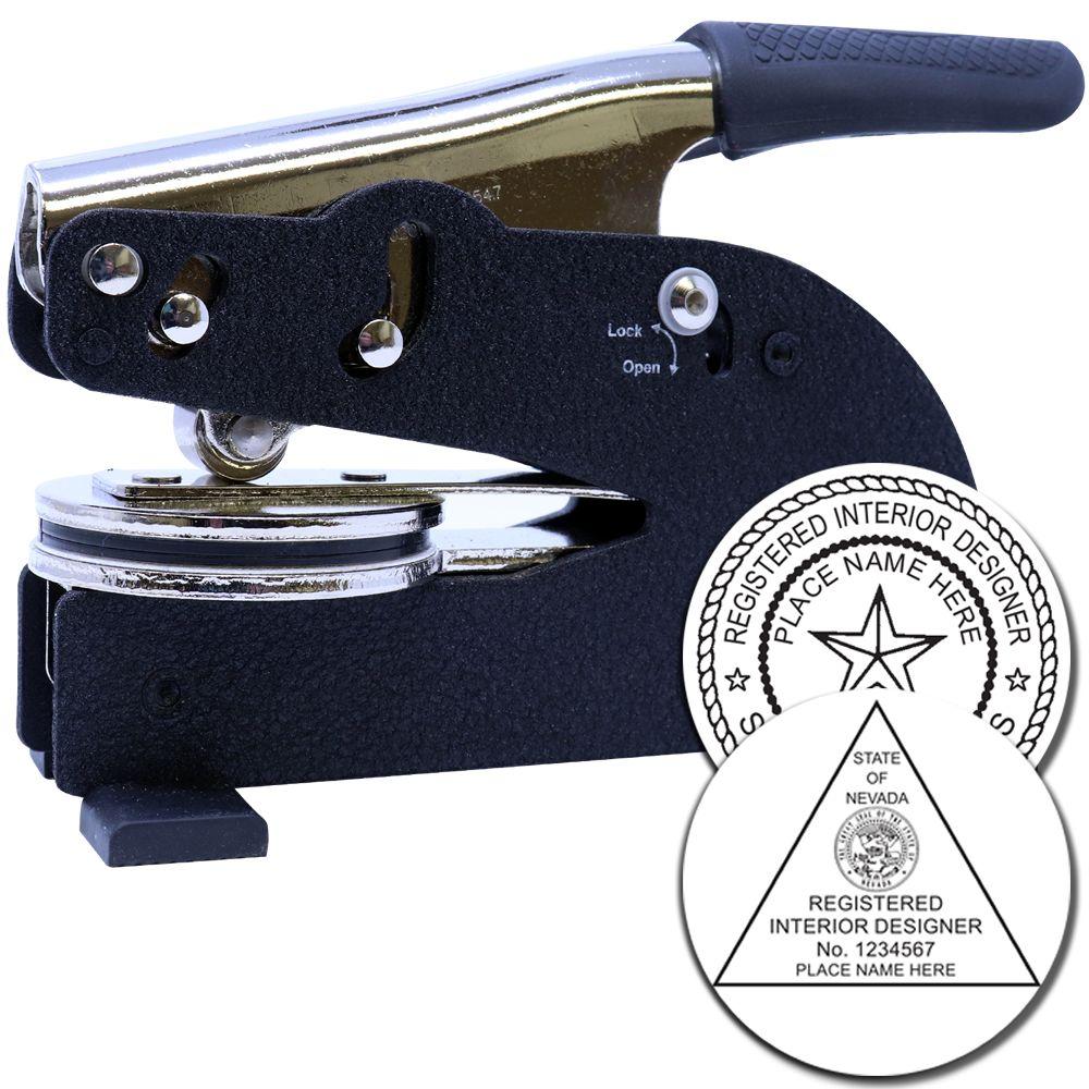 Custom registered interior designer embossing seal press with Nevada stamp dies and adjustable handle.