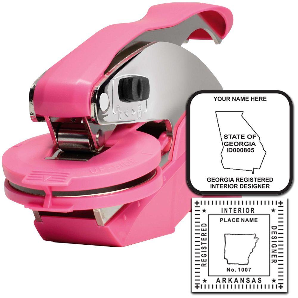 Pink embossing seal stamp for registered interior designers, featuring Georgia and Arkansas state license seal examples.