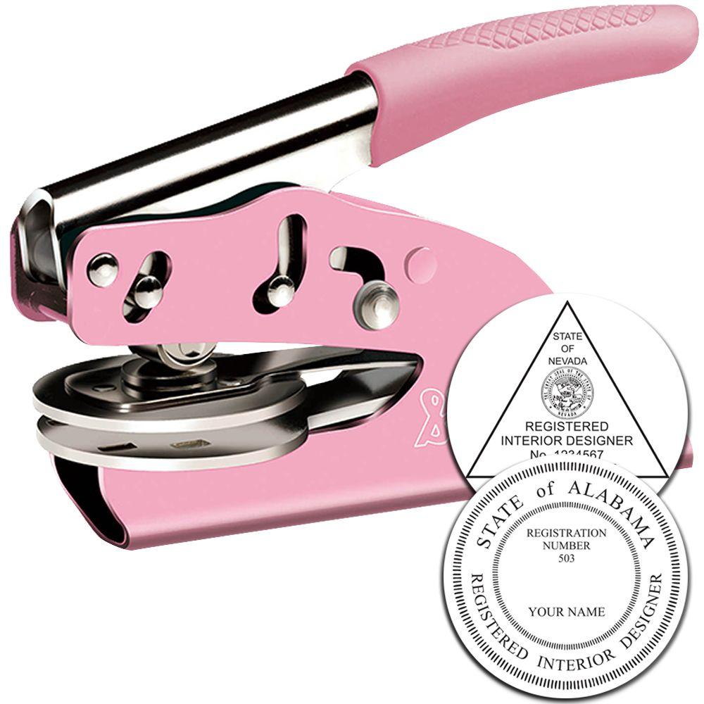 Pink custom embossing seal stamp for registered interior designer documents, heavy-duty plier embosser with state seal impressions.