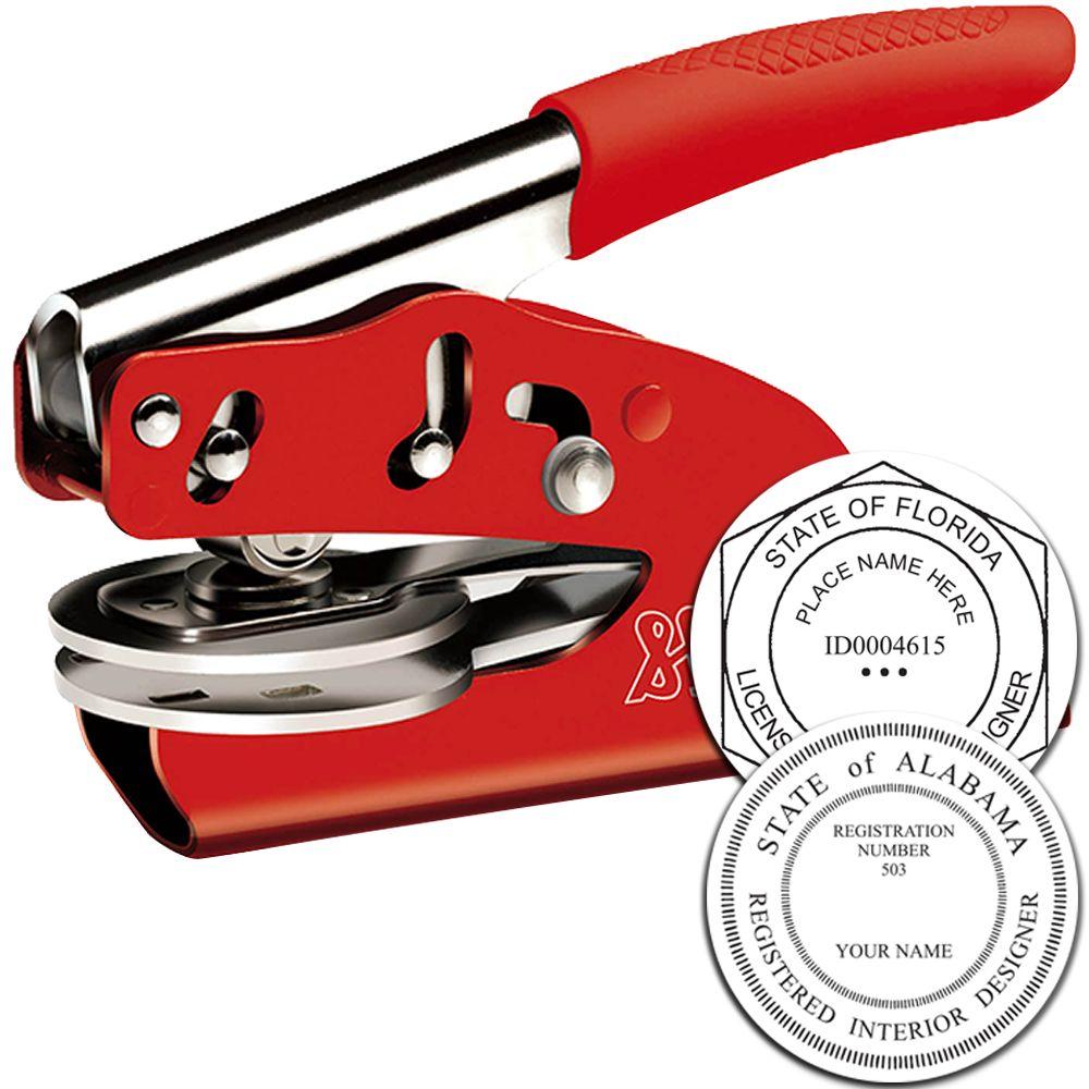 Red handheld embossing seal stamp with customizable state registration seals for professional notary or designer use
