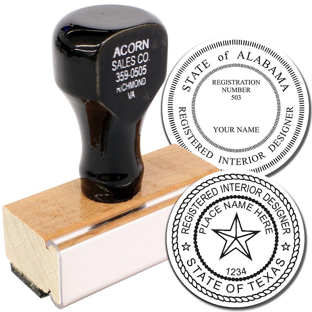 Custom registered interior designer stamp with Alabama and Texas seal designs on a self-inking rubber stamp block