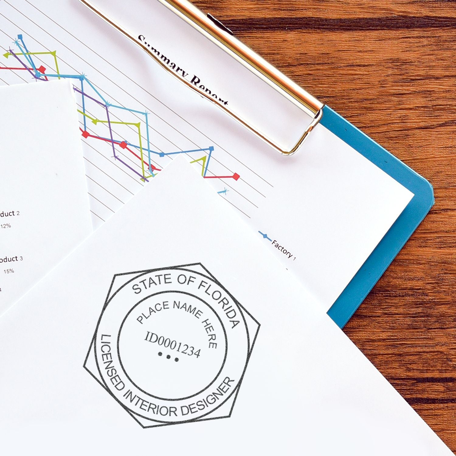 Interior designer license stamp on financial summary report with colorful charts and clipboard on wooden desk.