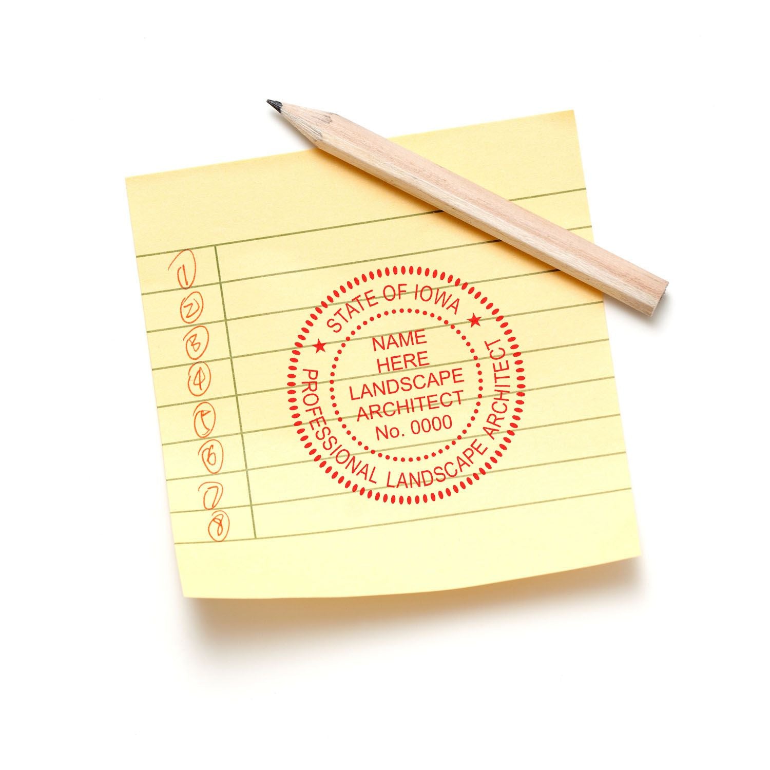 Sticky note with pencil and professional landscape architect stamp on white background