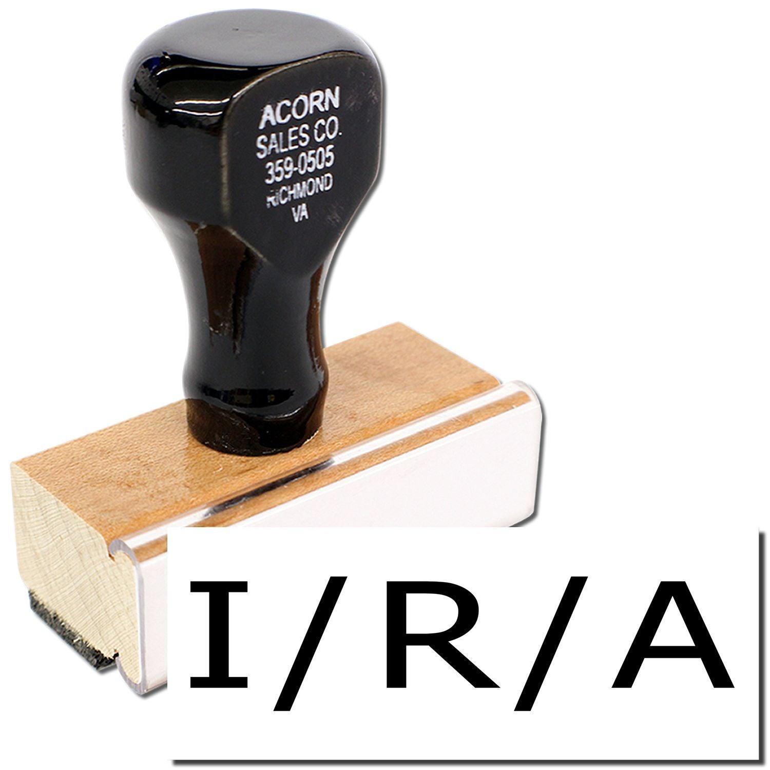 Acorn Sales Co product stamp on a black knob tool display with contact info, Richmond VA 359-0505.