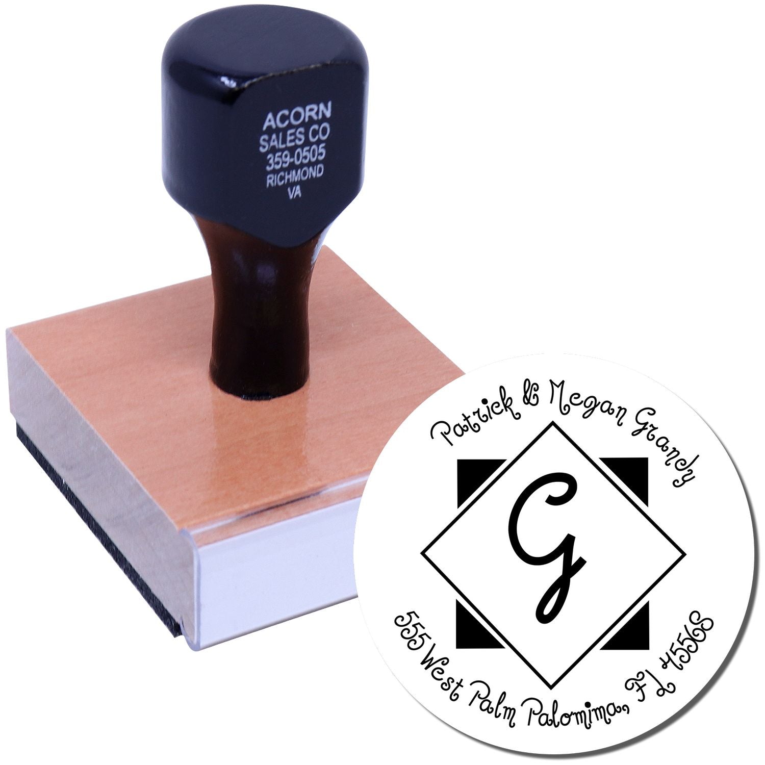 Custom wedding rubber stamp with personalized monogram G for Patrick & Megan Grandy, shown on a mounted stamp block.