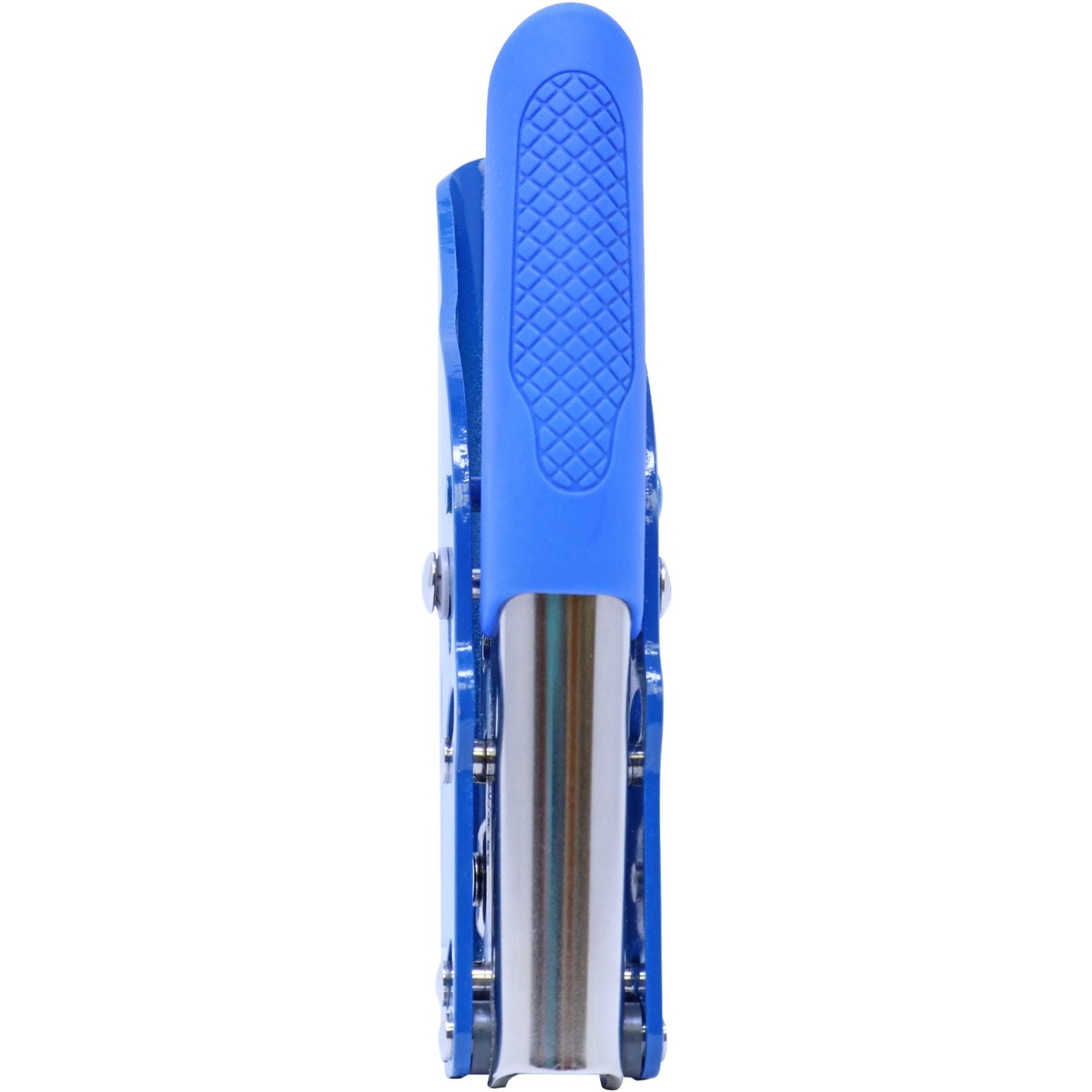 Blue folding pocket knife with textured grip on a white background