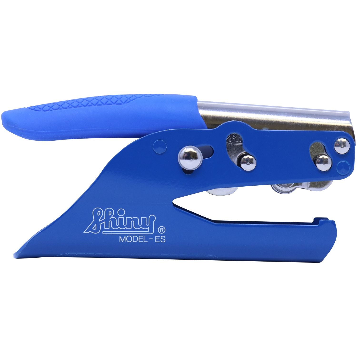 Blue Shiny Model-ES heavy-duty stapler isolated on a white background.