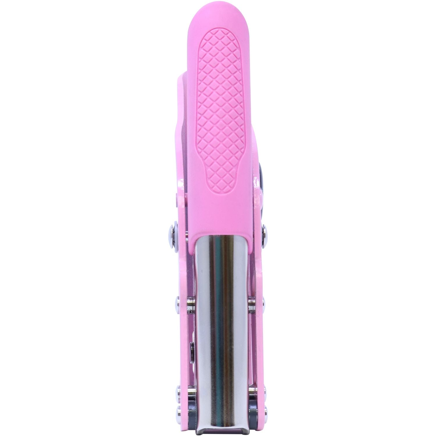 Pink folding pocket knife with metal handle and textured grip, isolated on white background