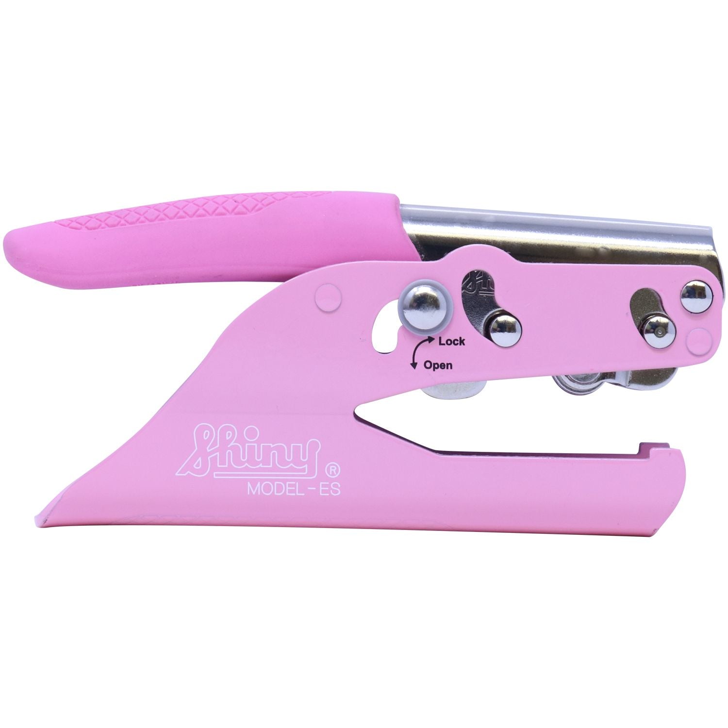 Pink Shiny Model ES embossing seal press on a white background, compact handheld office tool with lock and open switch.