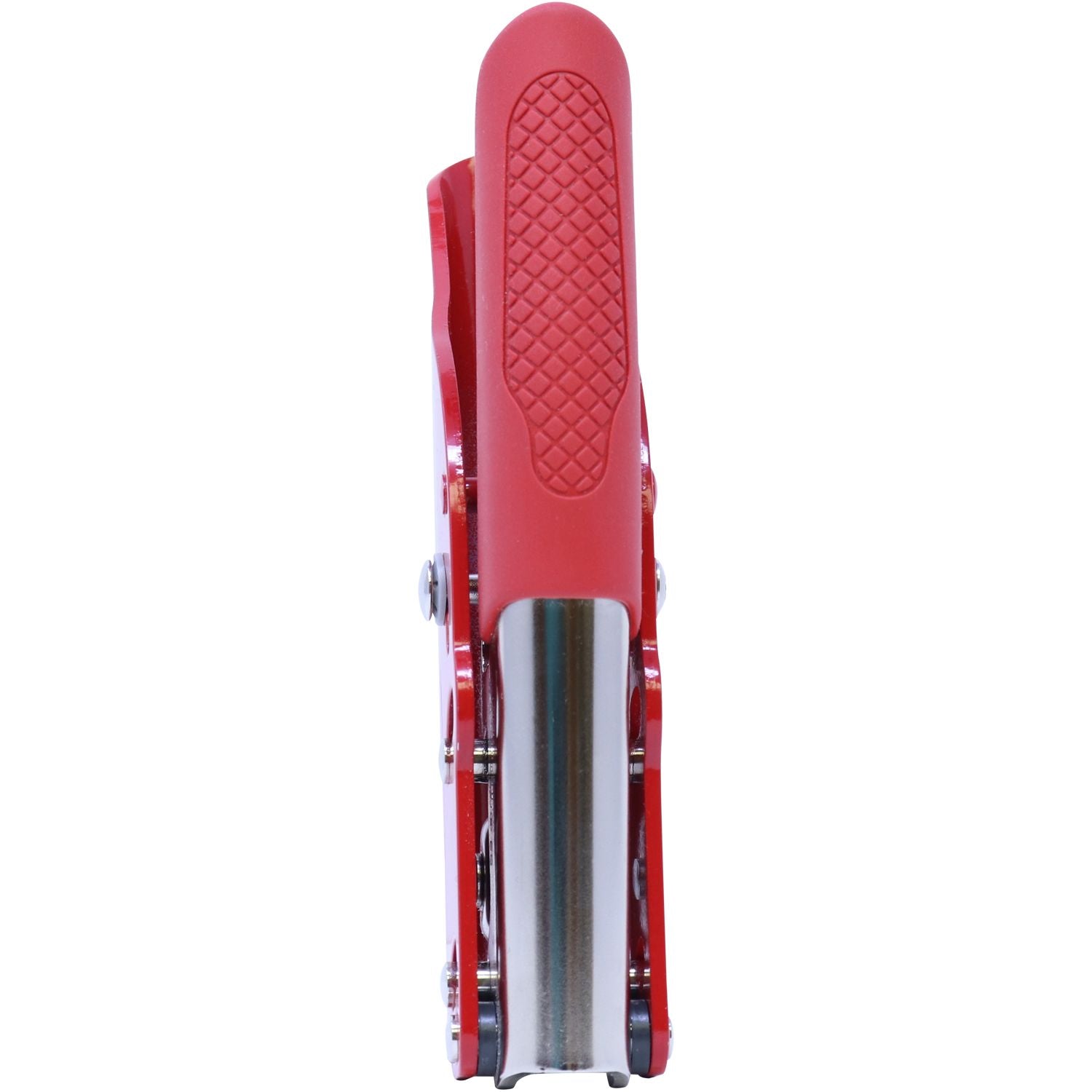 Red folding pocket knife with textured grip, isolated on a white background.