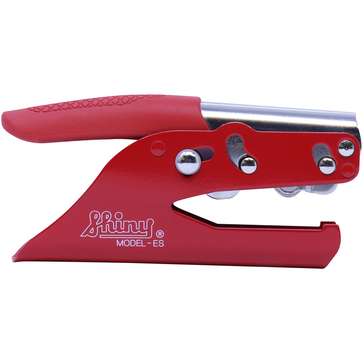 Red Shiny Model ES heavy-duty handheld paper hole punch tool on a white background.