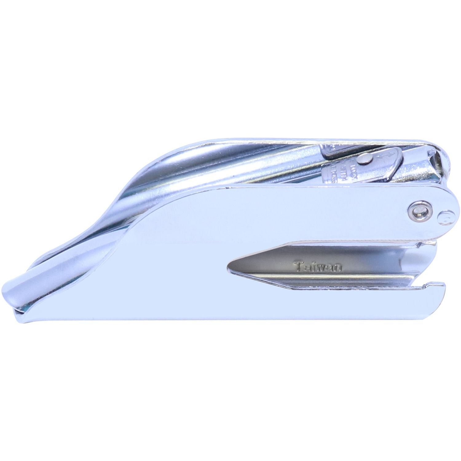 Chrome metal desktop stapler on white background, side view office stapler made in Taiwan.