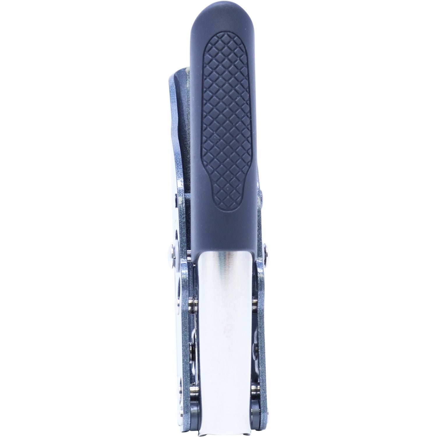 Close-up of a black and silver folding pocket knife with textured handle grip