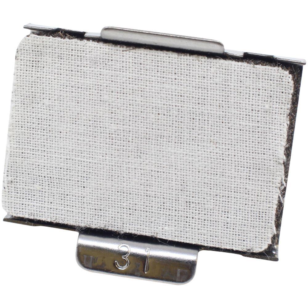 Close-up of a white fabric swatch with metal clip labeled 31, isolated on a white background