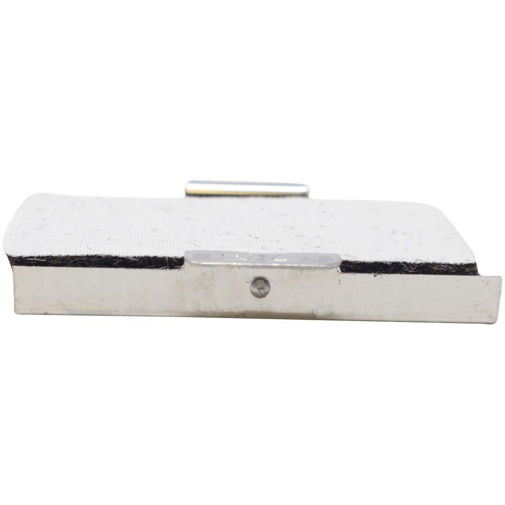 Side view of a white rectangular plastic device with a textured top and metal clips on a plain white background.