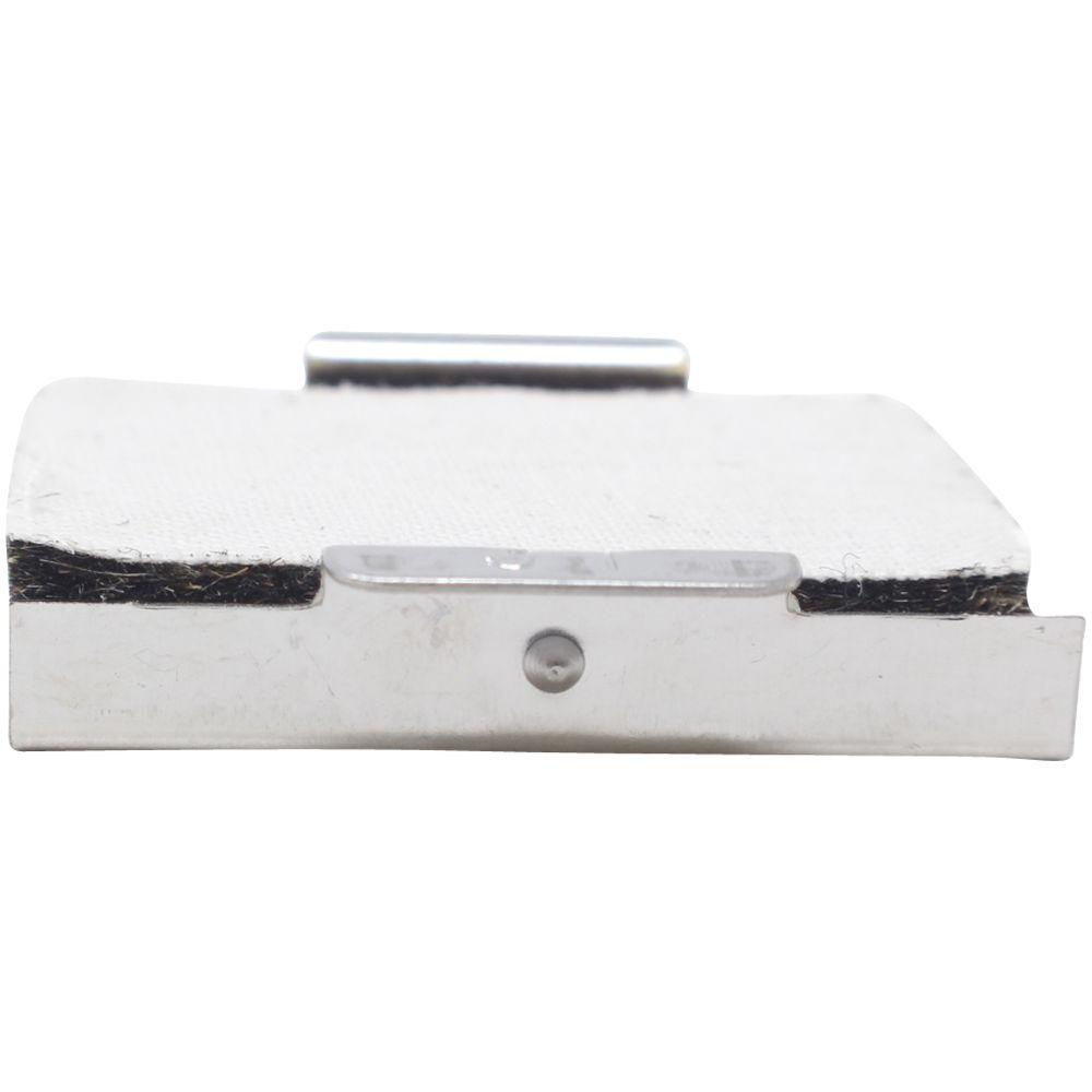 White metal mounting bracket with foam padding and central latch on a white background.