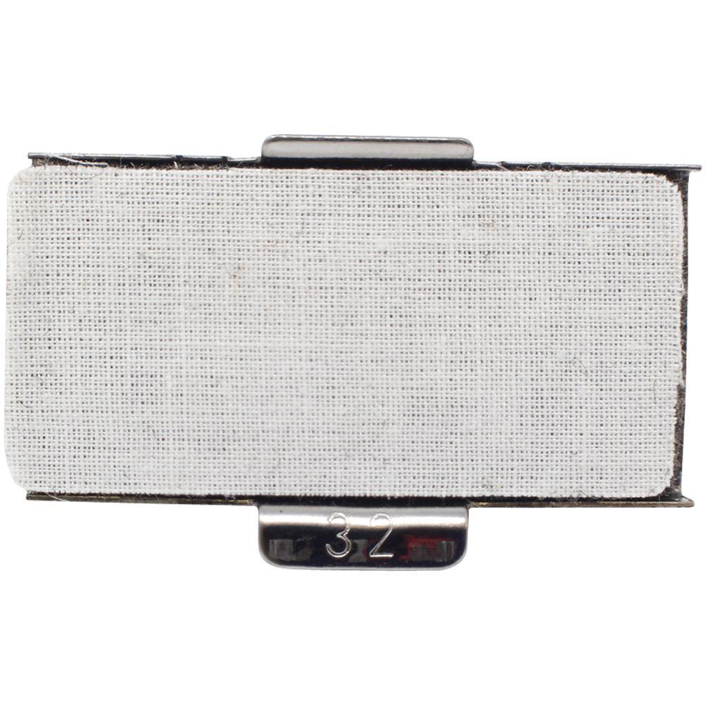 Close-up of a rectangular white fabric-covered metal clip marked 32, isolated on a white background.