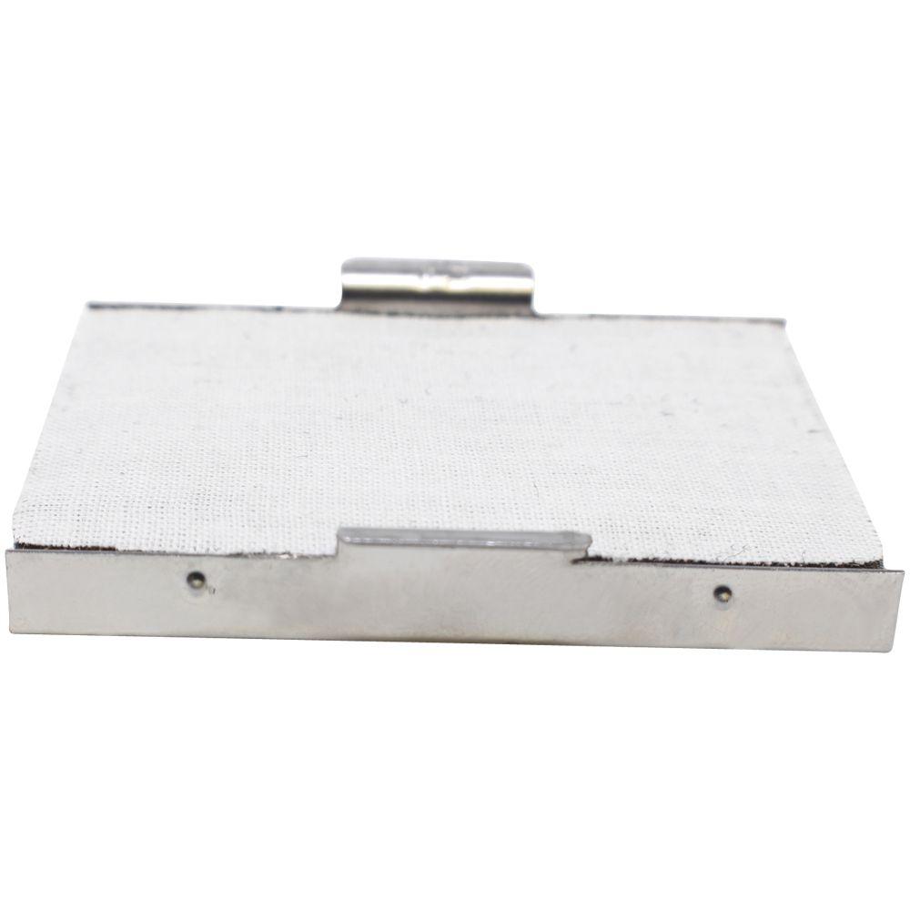 Stainless steel rectangular air filter panel with white mesh surface on a white background