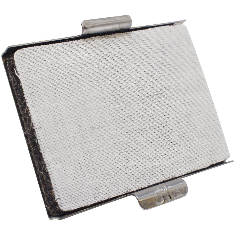 White mesh air filter with metal frame and retaining clips, close-up replacement filter component
