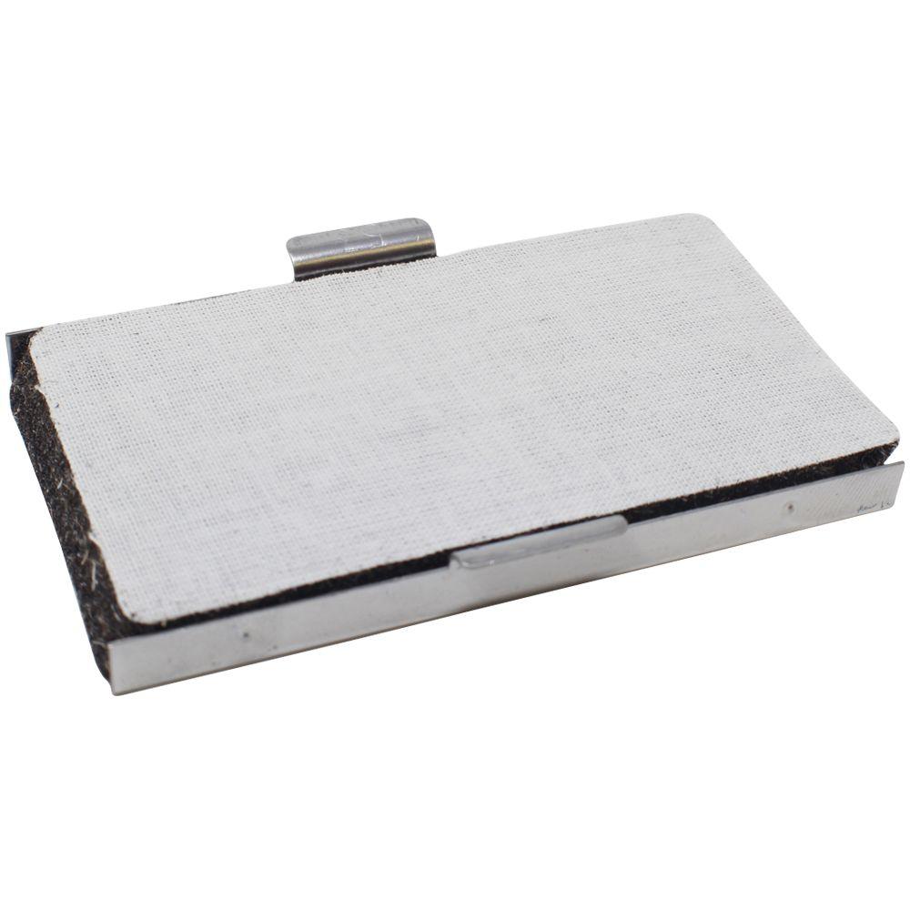 White rectangular fabric-covered metal clip-on accessory isolated on a white background