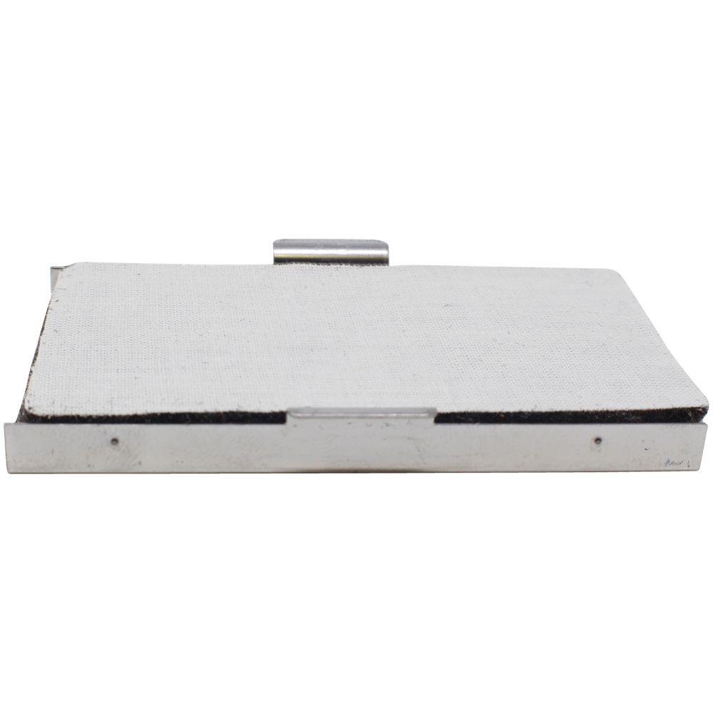 Rectangular metal tray with white textured surface and center handle on a white background
