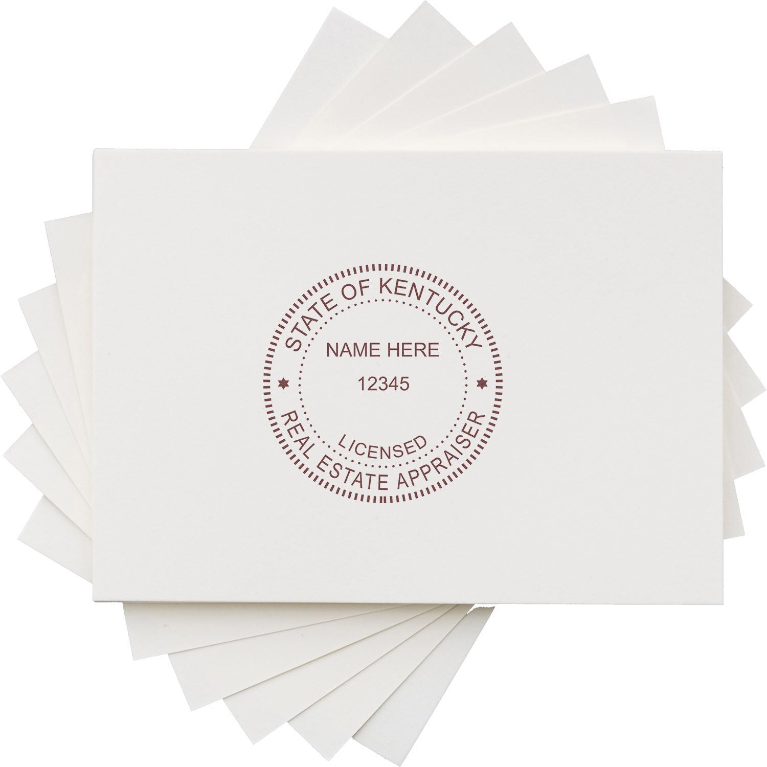 White custom business cards with Kentucky licensed real estate appraiser seal and placeholder name/number.