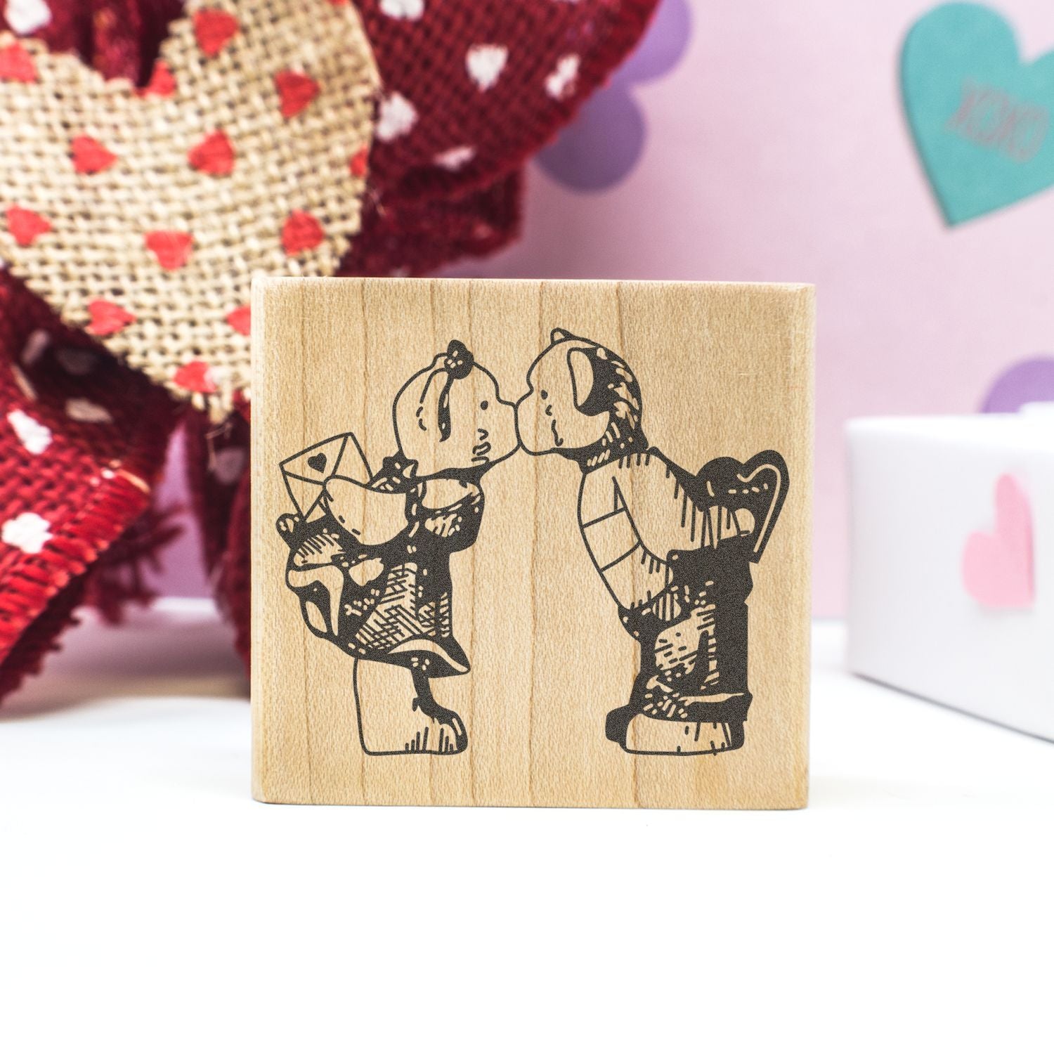 Wooden Valentines Day stamp with kissing children design, cute handmade craft decoration
