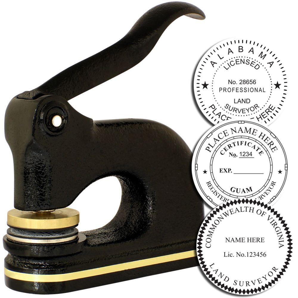 Black custom embossing seal press for professional land surveyor, with interchangeable state certification seal stamps.