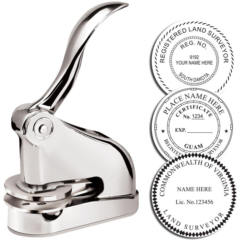 Chrome custom land surveyor seal embosser with personalized certificate and professional embossing stamp designs.