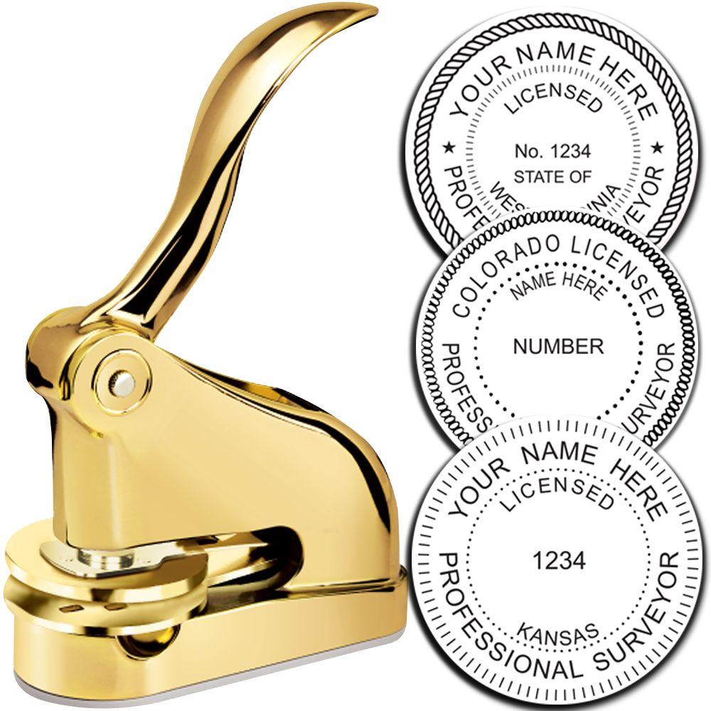 Gold custom embosser stamp with professional surveyor license seal designs for official documents.