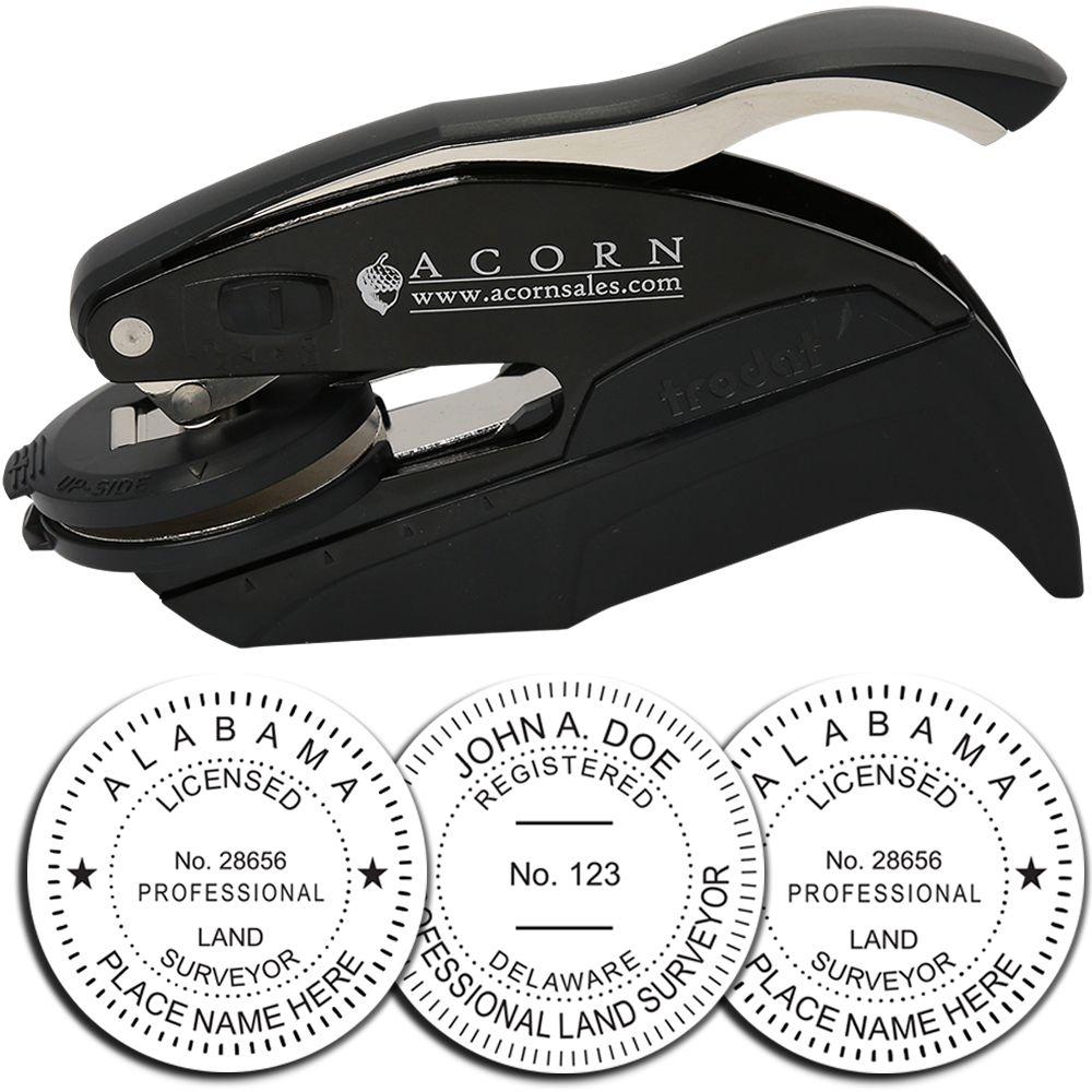 Acorn handheld embosser with custom professional land surveyor seal impressions for Alabama and Delaware
