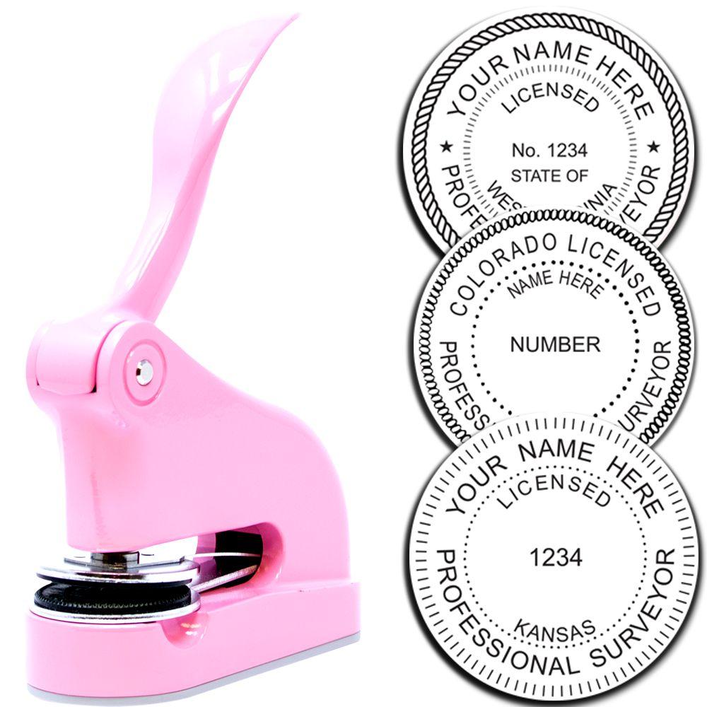 Pink custom embosser stamp with sample professional seal impressions for licensing, notary, and surveyor use.