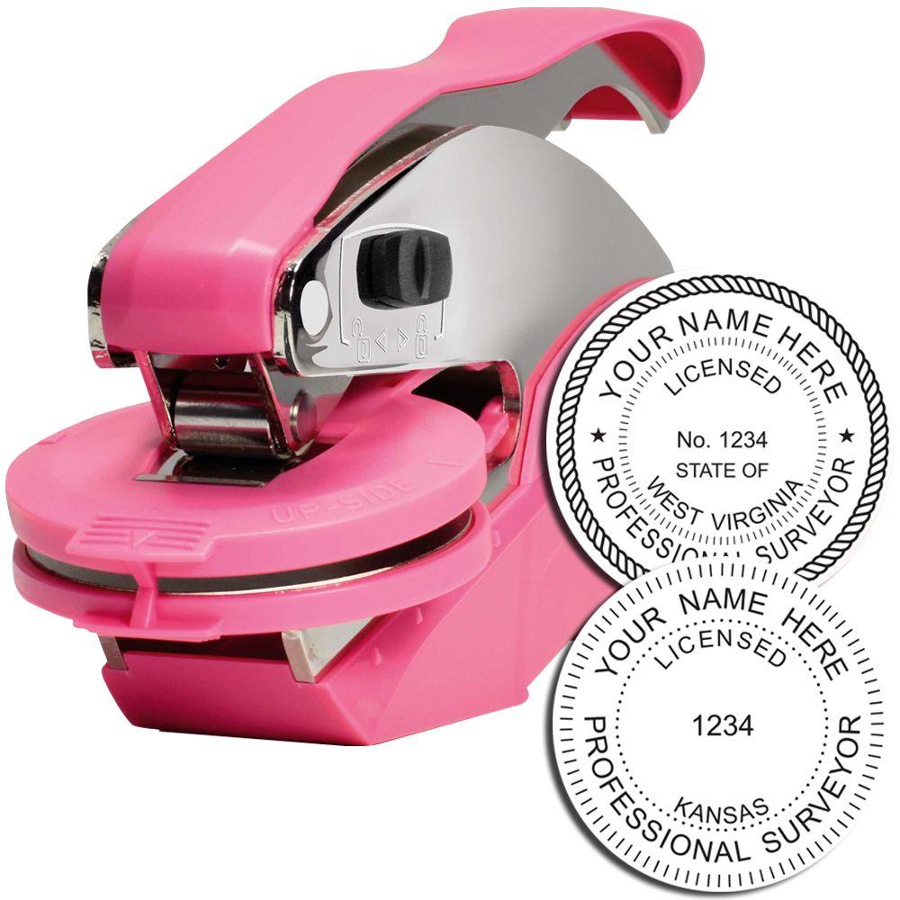 Pink custom embosser stamp for professional surveyors and notary seal embossing with personalized round logo design.