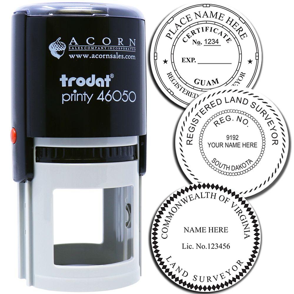Trodat Printy 46050 self-inking stamp with custom circular land surveyor certificate seal designs