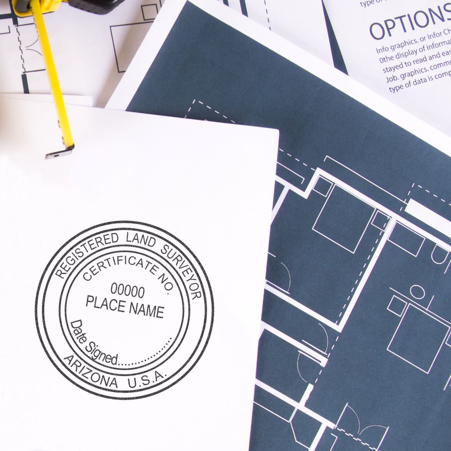 Registered land surveyor certificate on architectural blueprint plans with pencil, real estate surveying and construction documents.
