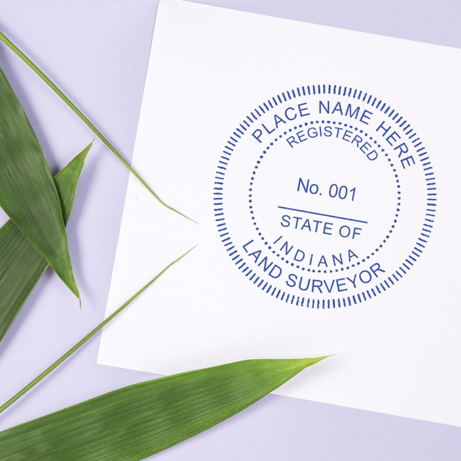 Blank State of Indiana land surveyor certificate with green leaves and registered stamp template on white background