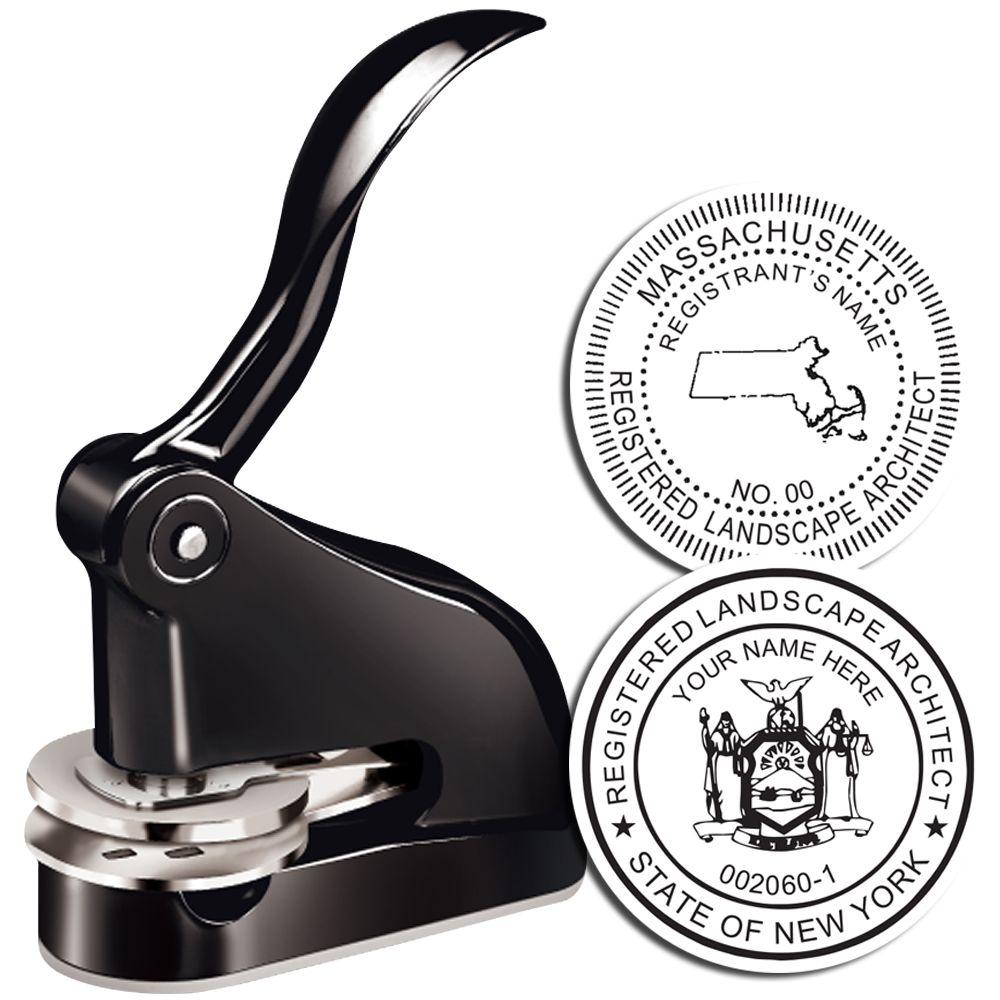 Black embossing seal press with Massachusetts and New York Registered Landscape Architect stamp designs on a white background.