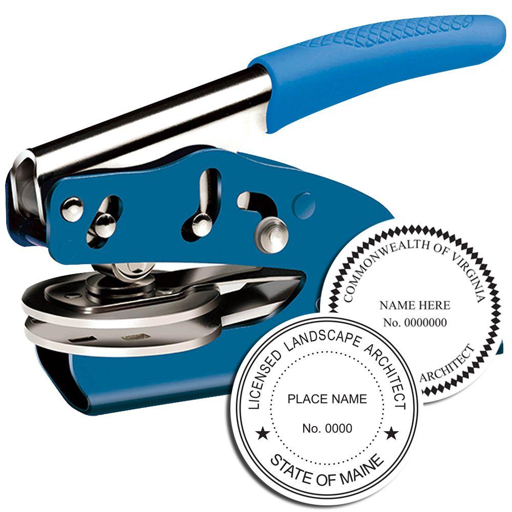 Blue handheld embossing seal stamp with custom architect and professional license seal impressions