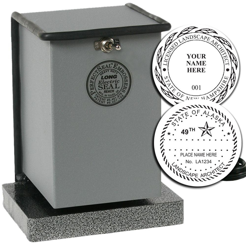 Heavy duty electric embosser with custom landscape architect seal designs and metal press machine.