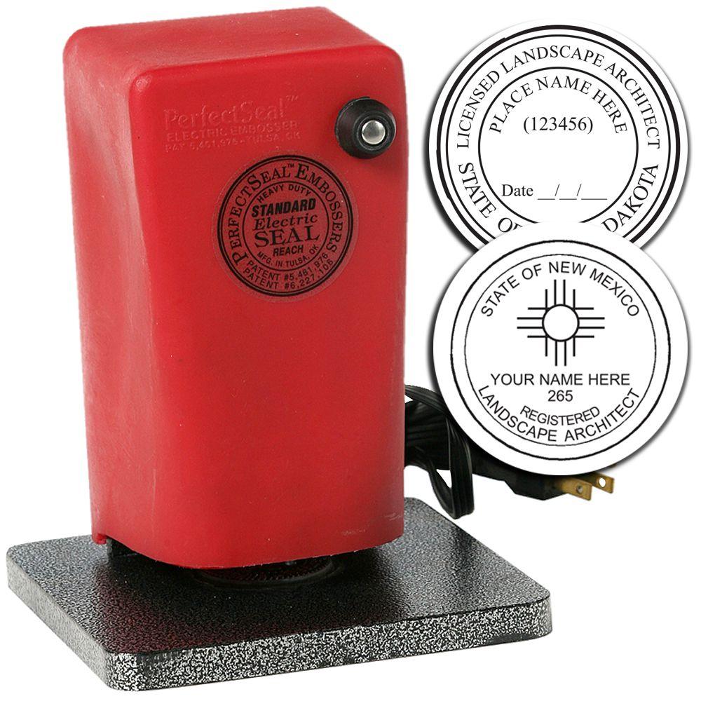 Red electric embossing seal embosser with custom landscape architect license seal impressions for professional documents.