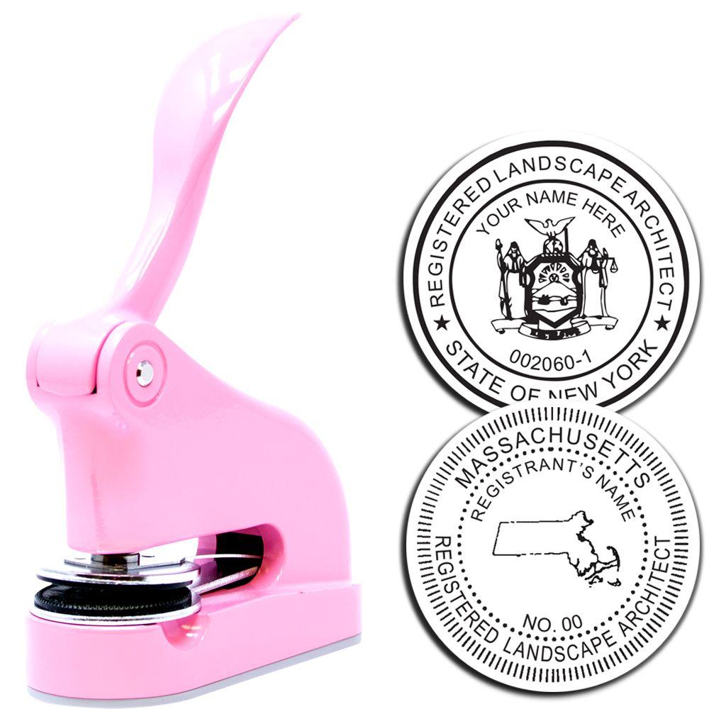 Pink handheld embossing seal stamp for registered landscape architects, shown with New York and Massachusetts seal impressions.