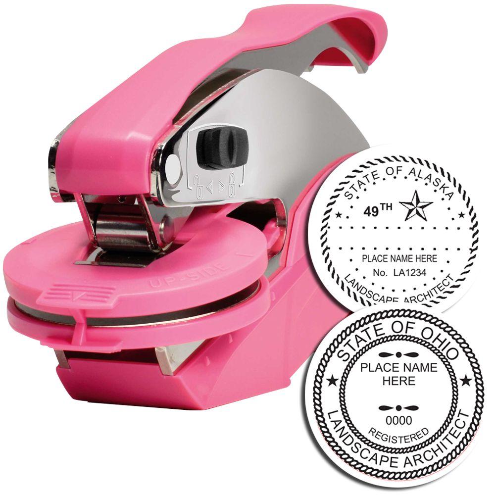 Pink landscape architect seal embosser stamp with custom state certification examples for Alaska and Ohio