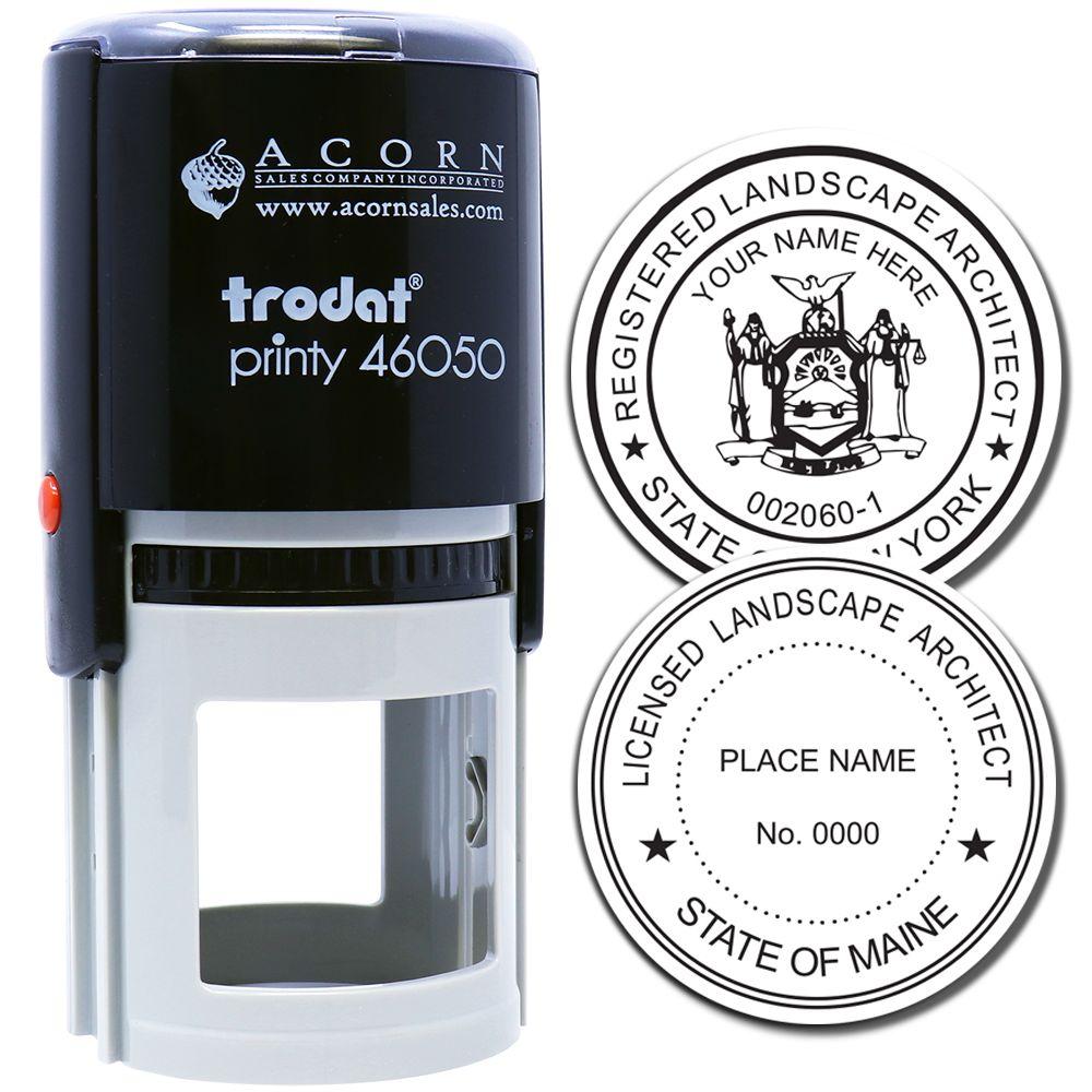 Trodat Printy 46050 self-inking landscape architect stamp with custom seal designs for New York and Maine on white background