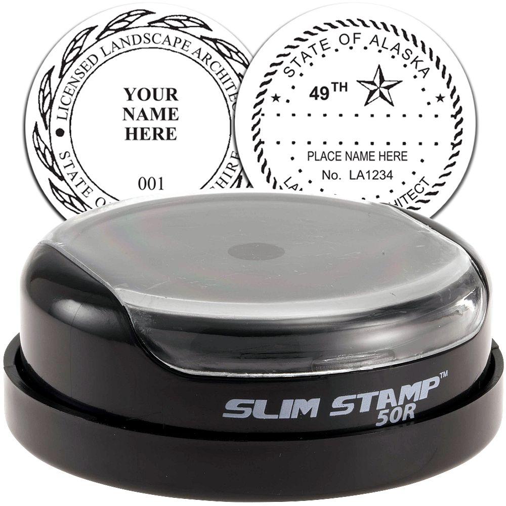 Custom round self-inking stamp for licensed landscape architect seal, Slim Stamp 50R with personalized text and logo design options.
