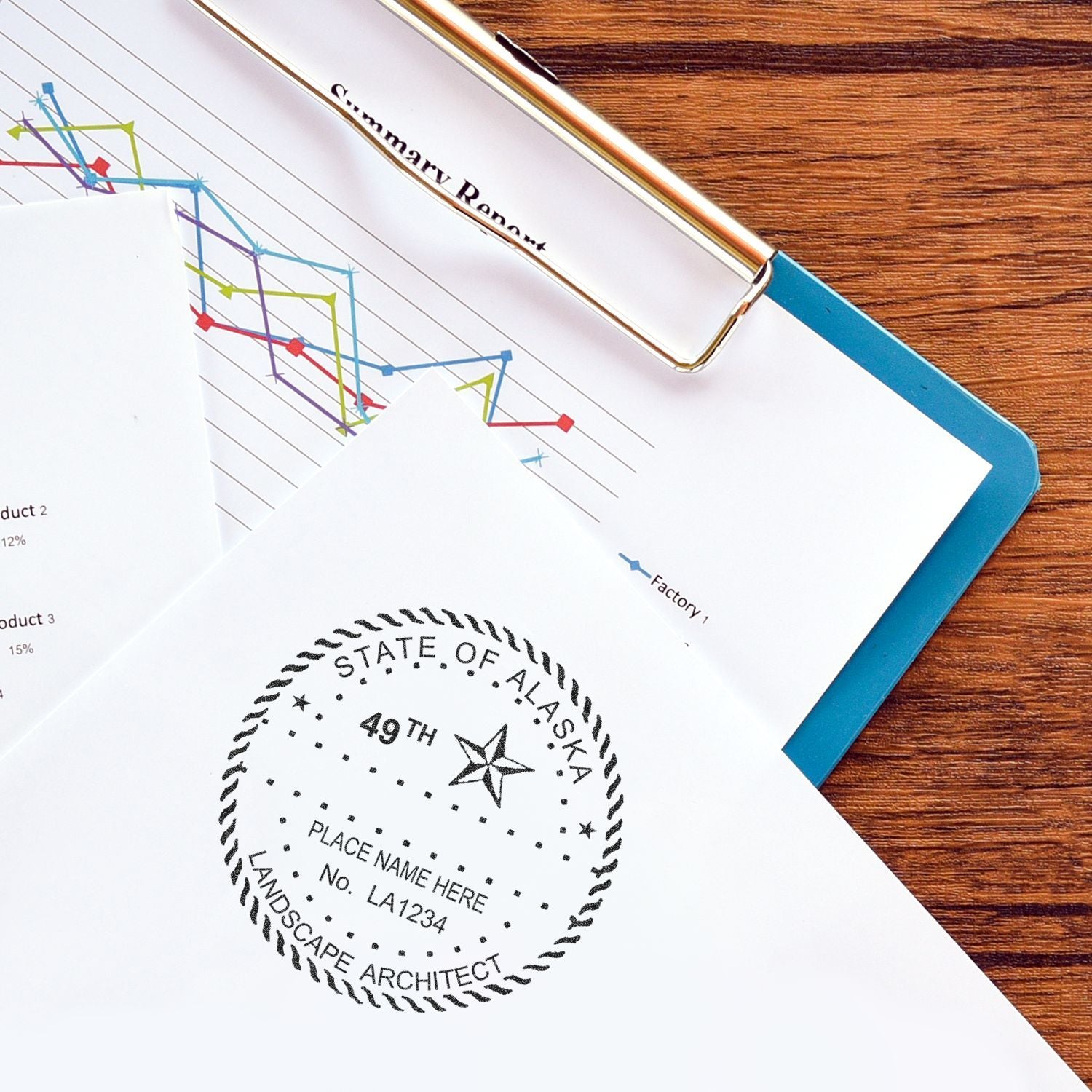 Financial report with colorful line graphs and Alaska landscape architect stamp on clipboard over a wooden desk.
